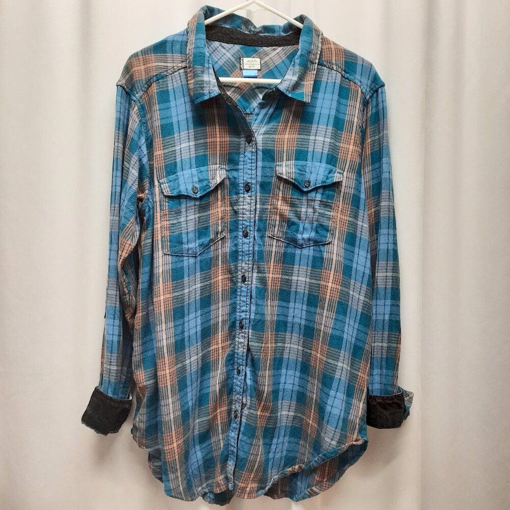 KAVU Mens XL High Horizon Flannel Shirt Blue Orange Plaid Corduroy Elbow Patch